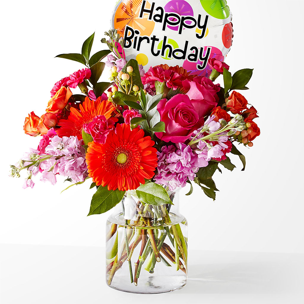 Fiesta Bouquet with Birthday Balloon – House Of Flowers, Breckenridge TX